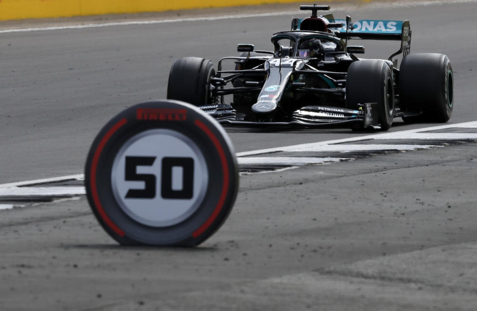 Mercedes driver Lewis Hamilton of Britain steers his car during the British Formula One Grand Prix at the Silverstone racetrack, Silverstone, England, Sunday, Aug. 2, 2020. (AP Photo/Frank Augstein, Pool)