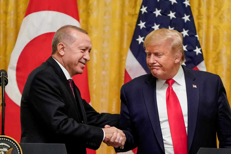 U.S. President Donald Trump greets Turkish President Recep Tayyip Erdogan during a joint news conference at the White House in Washington on Nov. 13. (Photo: Joshua Roberts/Reuters)