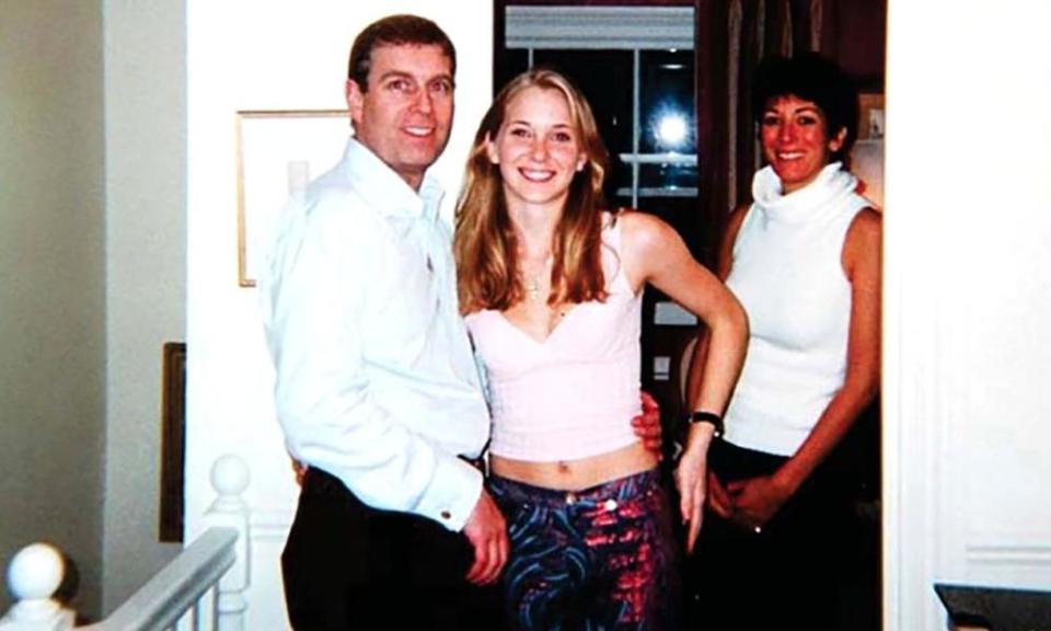 Prince Andrew stands with Virginia Giuffre while Ghislaine Maxwell smiles in the background.