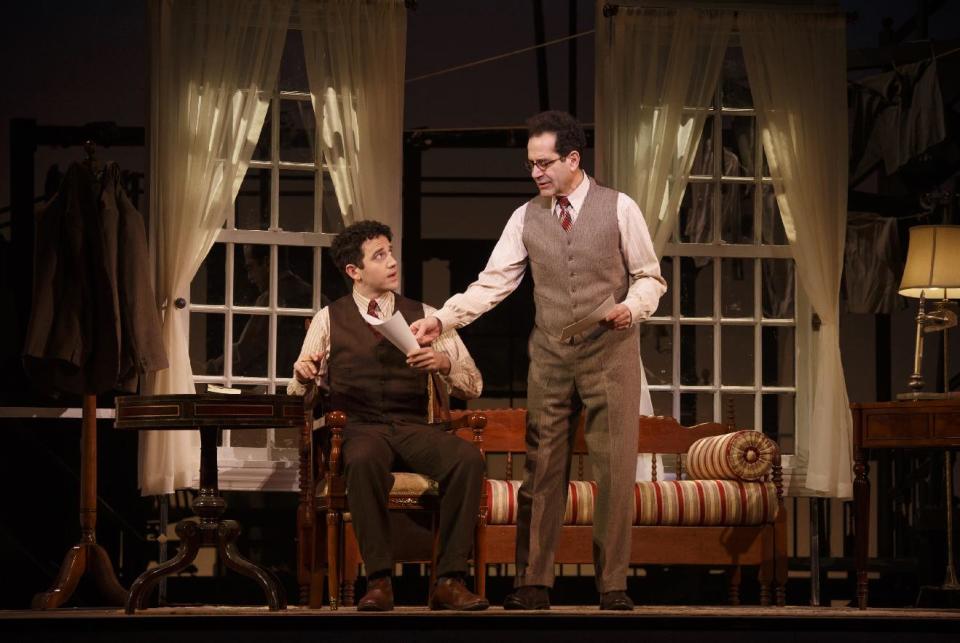 This image released by Lincoln Center Theater shows Santino Fontana, left, and Tony Shalhoub in a scene from "Act One," at the Vivian Beaumont Theater in New York. (AP Photo/Lincoln Center Theater, Joan Marcus)