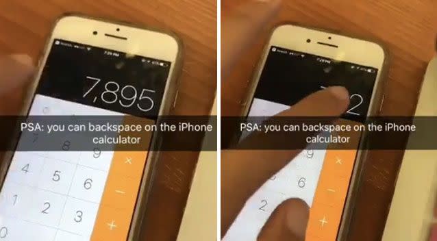 Stockholm student Jazz Johnson revealed a handy backspace function on the iPhone calculator app that sent the world into a spin. Picture: Twitter/censoredialogue