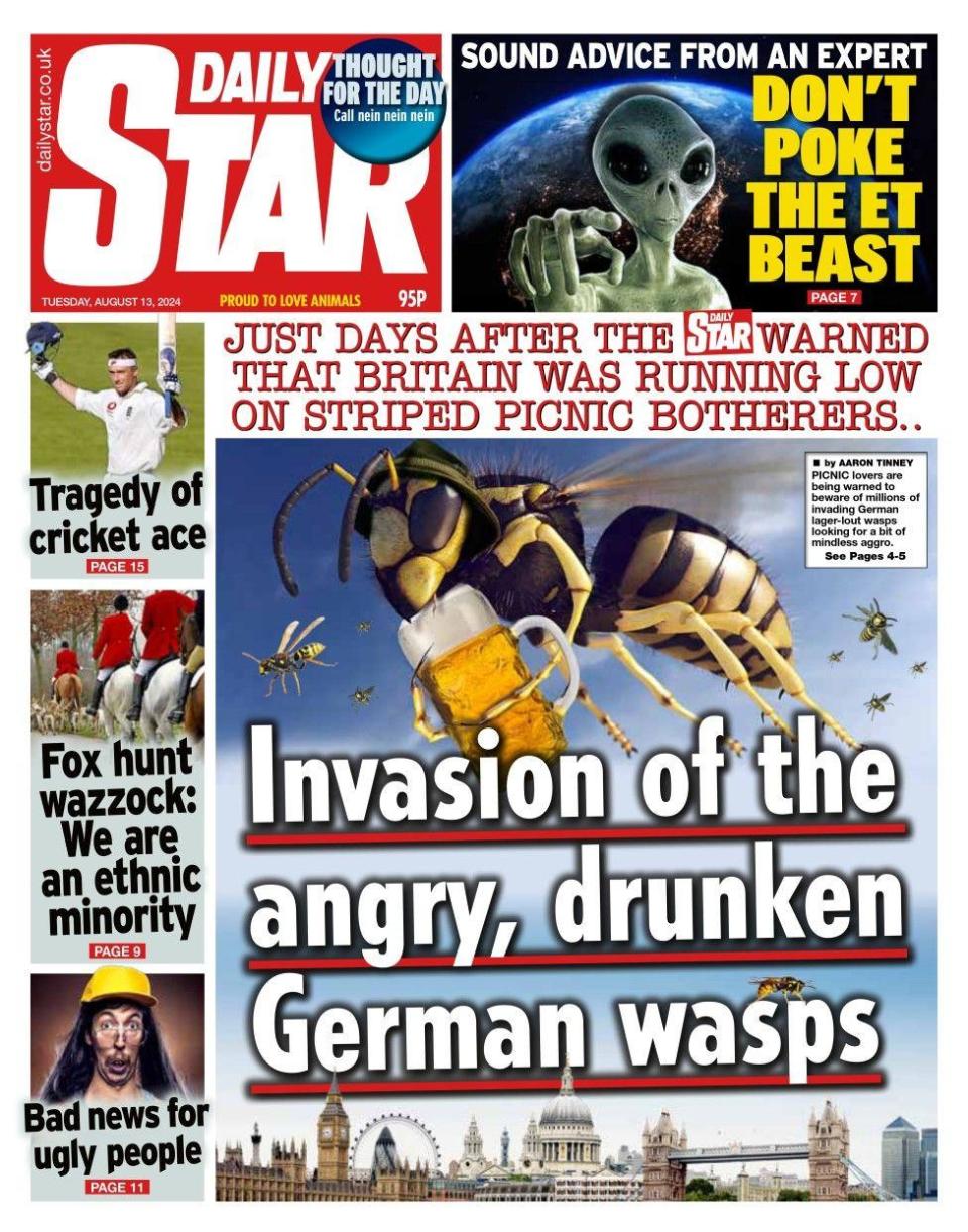 The Daily Star headline reads: Invasion of the angry, drunken German wasps