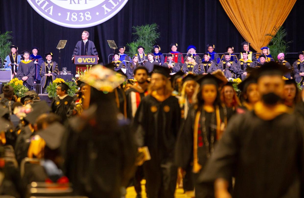 Some students walked out on Virginia Gov. Glenn Youngkin's commencement speech at Virginia Commonwealth University in May 2024. <a href="https://www.gettyimages.com/detail/news-photo/dozens-of-students-walk-out-of-the-auditorium-as-virginia-news-photo/2152005877?adppopup=true" rel="nofollow noopener" target="_blank" data-ylk="slk:The Washington Post via Getty Images;elm:context_link;itc:0;sec:content-canvas" class="link ">The Washington Post via Getty Images</a>
