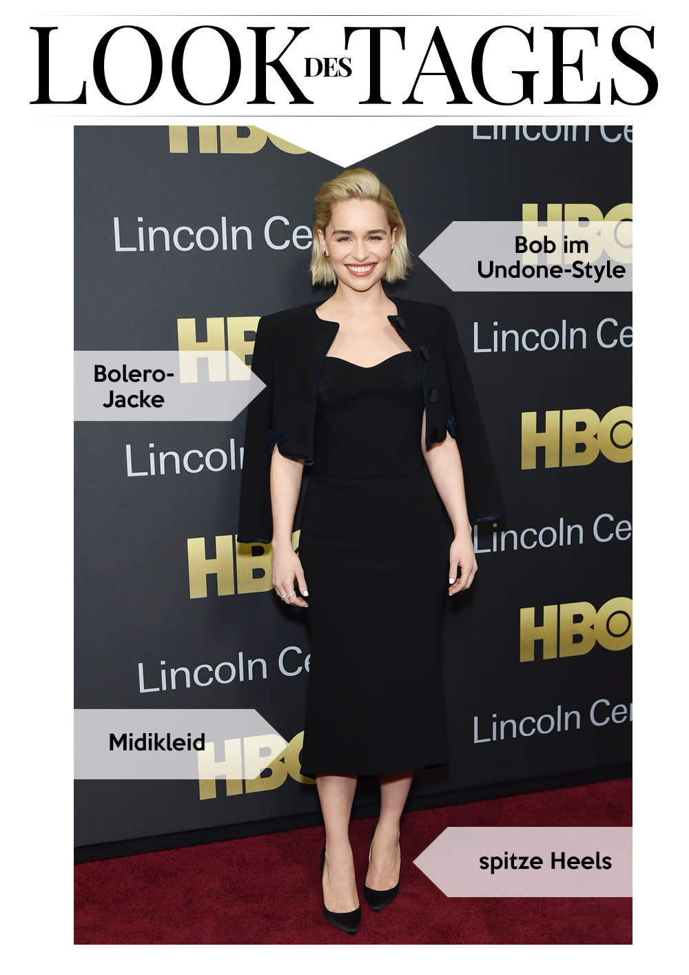 In einem körperbetonten Kleid in Midi-Länge plus Bolerojäckchen kam Schauspielerin Emilia Clarke zur American Songbook Gala in New York. (Bild: Getty Images)