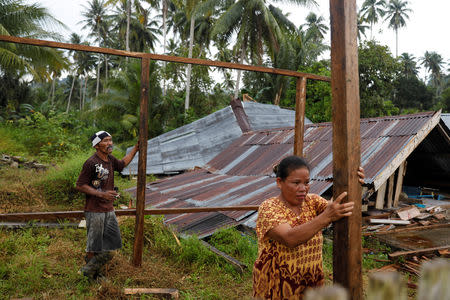 A couple holds a wooden beam as they build a temporary shelter at the epicentre of a devastating earthquake at Lende Tovea village in Donggala, Indonesia Sulawesi island, October 6, 2018. REUTERS/Beawiharta