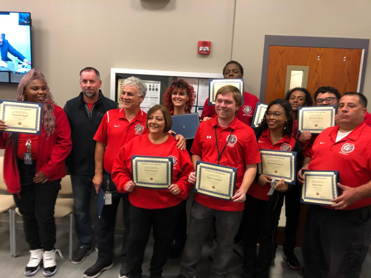 At its meeting on Sept. 26, 2023, the Utica City school board recognized the school security officers who responded to a fight, during which security officer Jeff Lynch was shot, following a high school football game on Sept. 9, 2023. In the back row, from left to right, are Danyelle Boyd, Lynch, Joe Plado, Danielle Washburn, Isiah Patterson, Jovane Couvertier and Devin Linsey. In the front row, from the left, are Fran Donato, Dylan Antalek, Hannah Stenson and Bruce Klaus. Not pictured are Jeff Jalonack and Javon Evans.