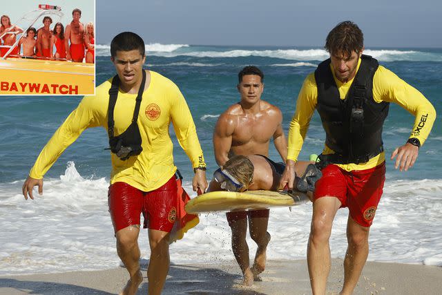 <p>Baywatch Co/Kobal/Shutterstock; Zach Dougan/FOX</p> Baywatch and Alex Aiono, Kekoa Kekumano and Adam Demos in Rescue: HI-Surf