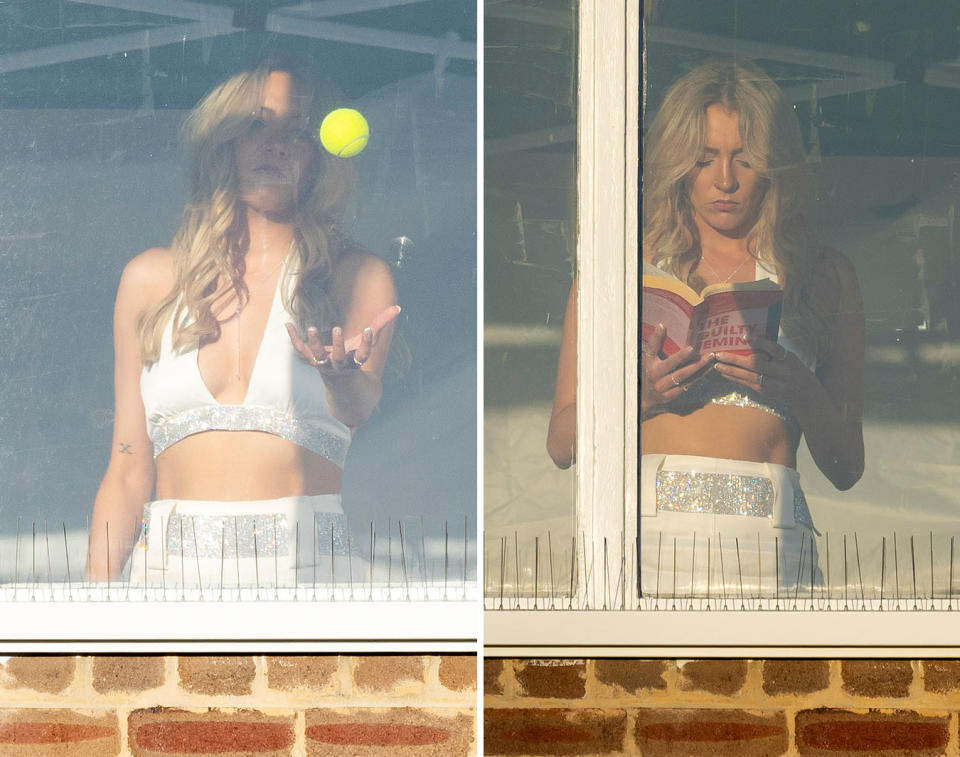 Two photos of Lyndall playing with a ball and reading a book
