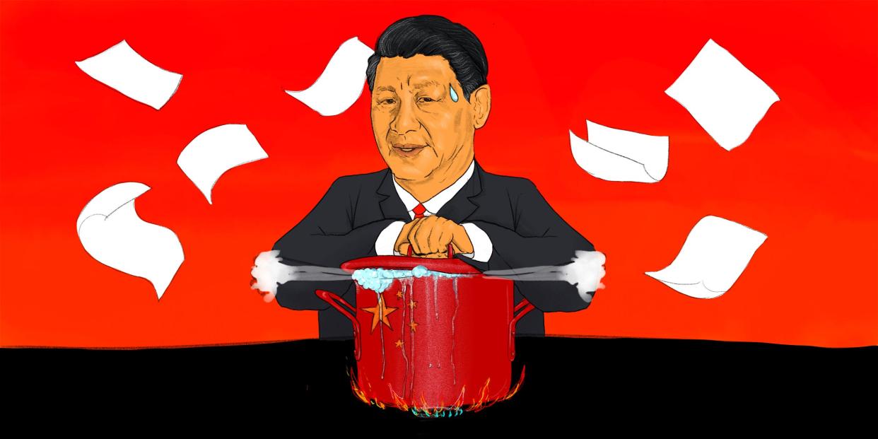 illustration of Xi Jinping holding down a lid on a pot that is boiling over, colored like the chinese flag, as white sheets of paper float in the background