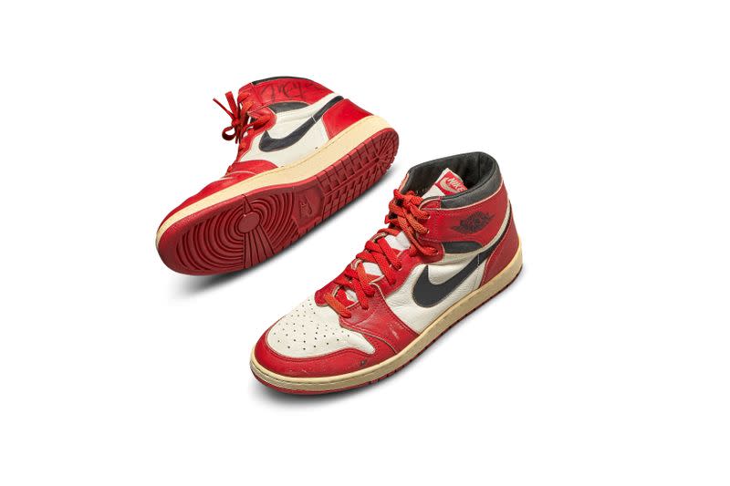 A pair of 1985 Nike Air Jordan 1s, made for and worn by U.S. basketball player Michael Jordan