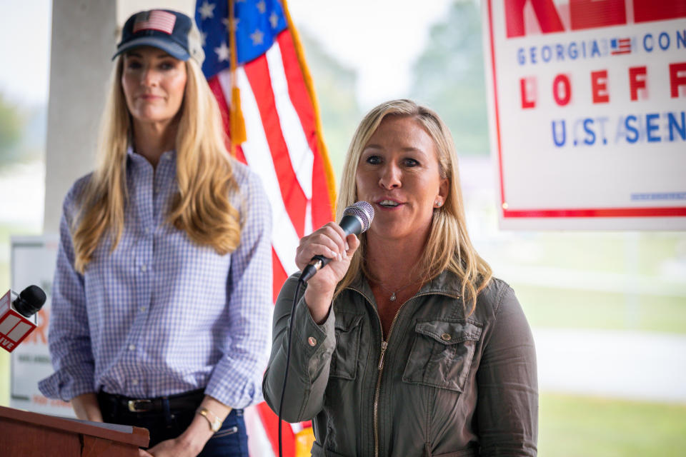 Georgia Republican House candidate Marjorie Taylor Greene (R) endorses Sen. Kelly Loeffler (R-GA) during a press conference on October 15, 2020 in Dallas, Georgia. (Dustin Chambers/Getty Images)