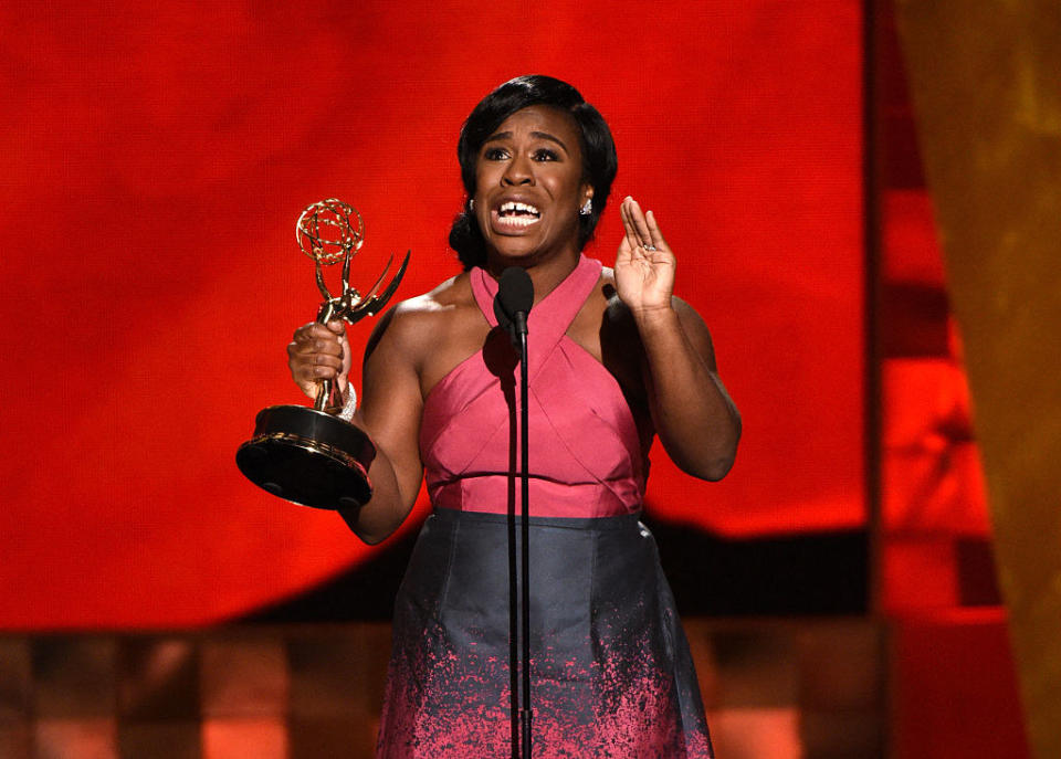 Uzo Aduba accepting an Emmy Award