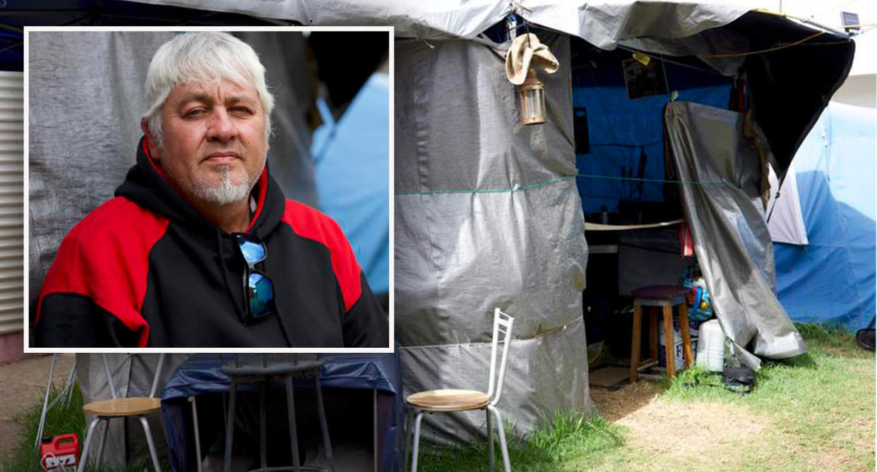 Peter Woodforde's tent set up in Adelaide park, sleeping rough