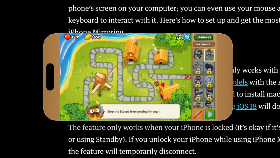 Bloons 5 oyunu yatay modda, macOS Sequoia'daki iPhone Mirroring uygulamasında çalışıyor.