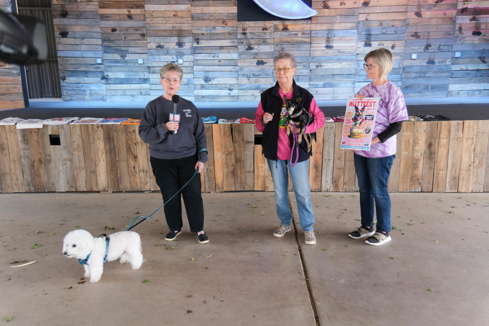 ASPCA committee members Patti Amador (left), Nell Williams Woo and Mary Ramirez speak about the 30th annual Muttfest Thursday at the Starlight Ranch Events Center in east Amarillo.