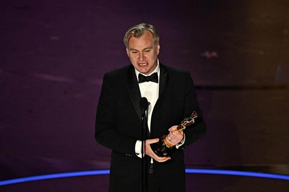 British director Christopher Nolan accepted the award for Best Director for “Oppenheimer” onstage during the 96th Annual Academy Awards. PATRICK T. FALLON/AFP via Getty Images