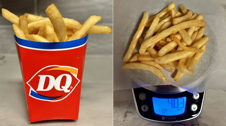 Dairy Queen fries in container next to fries on food scale