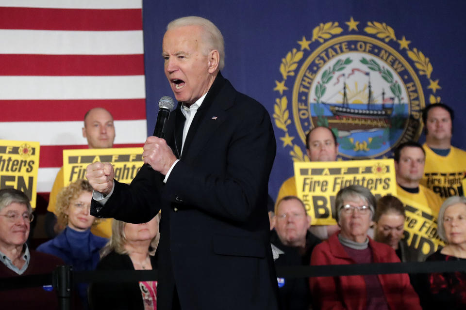 Democratic presidential candidate former Vice President Joe Biden clenches his fist as he speaks at a campaign event Feb. 5 in Somersworth, New Hampshire. (Photo: ASSOCIATED PRESS)