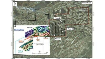 Figure 2: Planned 2023 Liberty ground gravity survey and interpreted prospective corridor over government regional airborne magnetic map (reduced to pole tilt angle filter image). (CNW Group/Comet Lithium Corp.)