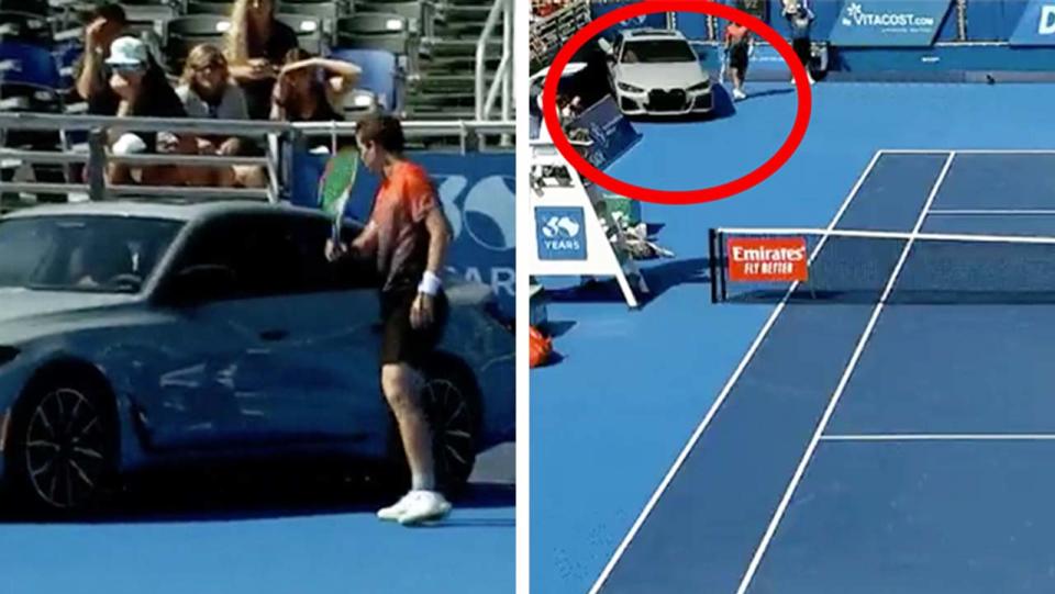 Tennis player Stefan Kozlov (pictured left) raises his racquet and (pictured left) stares at a car parked on court.