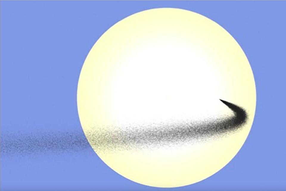 Simulated stream of dust launched between Earth and the sun. This dust cloud is shown as it crosses the disk of the sun, viewed from Earth.