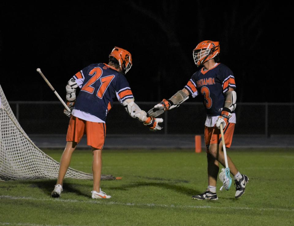 Benjamin's Alex Ponchock (left) and Jayden Vega (right) celebrate a goal scored against St. John Paul II on Mar. 8, 2024.