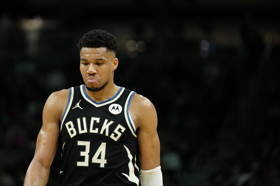 Milwaukee Bucks' Giannis Antetokounmpo reacts during the second half of an NBA basketball game against the New York Knicks Sunday, April 7, 2024, in Milwaukee. (AP Photo/Aaron Gash)