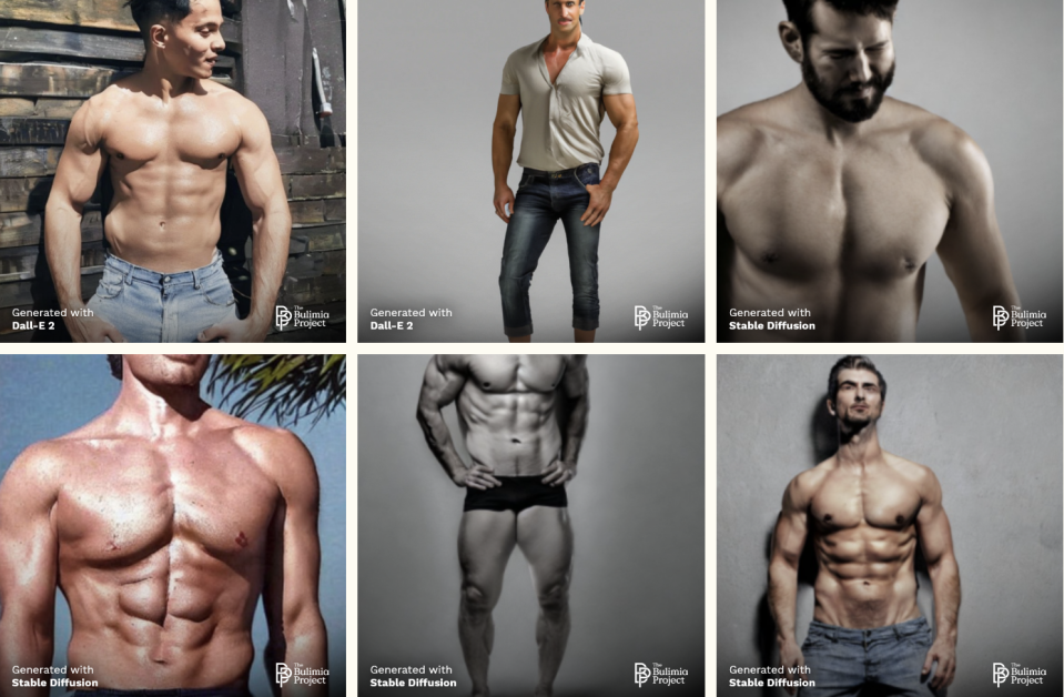 Die von den KIs generierten Männerbilder sind anhand von Schönheitsidealen aus den Sozialen Medien gestaltet worden. (Quelle: The Bulimia Project)