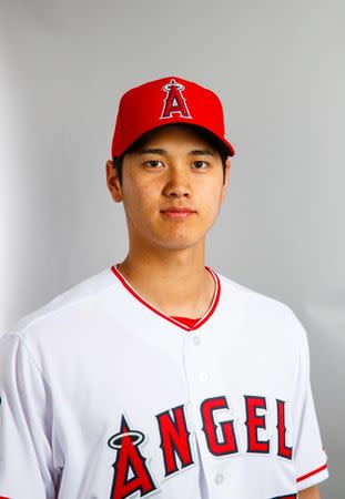 Feb 22, 2018; Tempe, AZ, USA; Los Angeles Angels pitcher/designated hitter Shohei Ohtani poses for a portrait during media day at Tempe Diablo Stadium. Mandatory Credit: Mark J. Rebilas-USA TODAY Sports