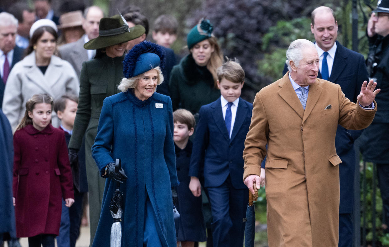 SANDRINGHAM, NORFOLK - DECEMBER 25: Princess Charlotte, Catherine, Princess of Wales, Camilla, Queen Consort, Prince Louis, Prince George, King Charles III and Prince William, Prince of Wales attend the Christmas Day service at Sandringham Church on December 25, 2022 in Sandringham, Norfolk. King Charles III ascended to the throne on September 8, 2022, with his coronation set for May 6, 2023. (Photo by Samir Hussein/WireImage)