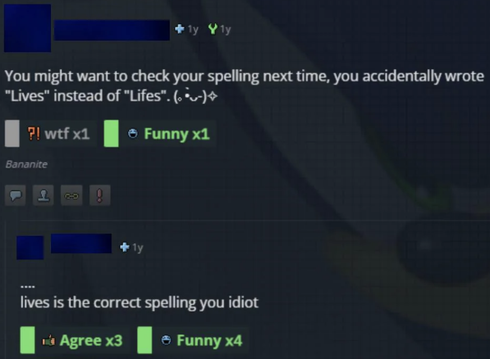 The image shows a screenshot of an online conversation with emojis and text correcting a user's spelling mistake