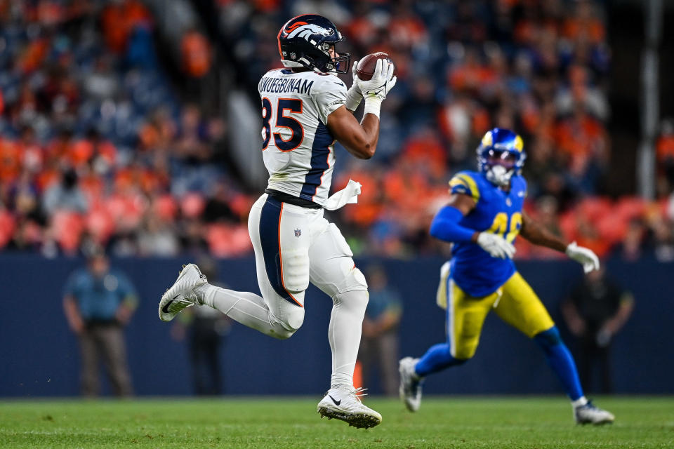 DENVER, COLORADO – AUGUST 26: Tight end Albert Okwuegbunam #85 of the Denver Broncos catches a pass in the second half of a preseason game against the Los Angeles Rams at Empower Field at Mile High on August 26, 2023 in Denver, Colorado. (Photo by Dustin Bradford/Getty Images)