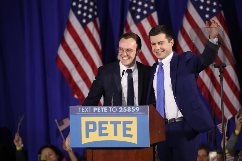 Former South Bend, Indiana Mayor Pete Buttigieg, right, celebrates with his husband, Chasten, at an election night party in New Hampshire. (Photo: Mary Altaffer/Associated Press)