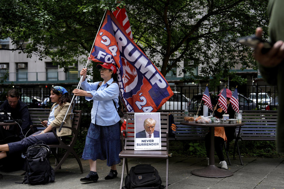 Supporters of former President Donald Trump demonstrate in Collect Pond Park outside Manhattan Criminal Court, Thursday, May 30, 2024, in New York. (AP Photo/Julia Nikhinson)