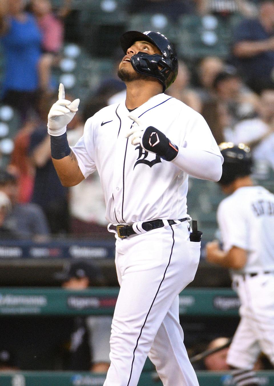 Tigers shortstop Isaac Paredes celebrates his home run against the White Sox during the fifth inning on Friday, June 11, 2021, at Comerica Park.