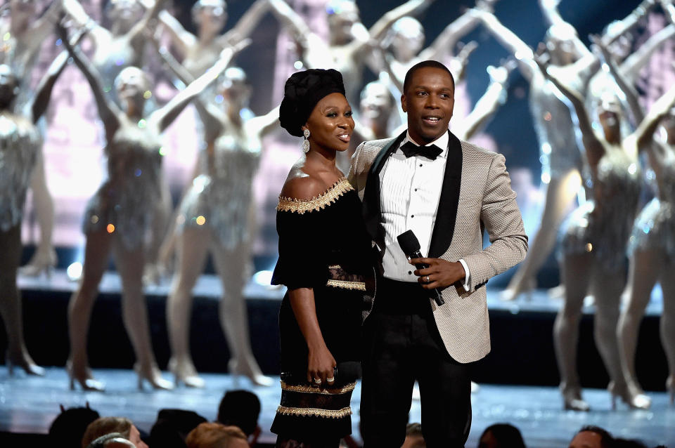 NEW YORK, NY - JUNE 11:  Cynthia Erivo and Leslie Odom Jr. perform with the Rockettes onstage during the 2017 Tony Awards at Radio City Music Hall on June 11, 2017 in New York City.  (Photo by Theo Wargo/Getty Images for Tony Awards Productions)