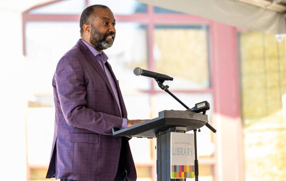 CEO and Chief Librarian Marcellus Turner, speaks to the attendees for the Charlotte Mecklenburg Main Library demolition in Uptown Charlotte on Tuesday, August 15, 2023. Although demolition of parts of the building have begun, they are planning on the old main building to be demolished completely by this winter.