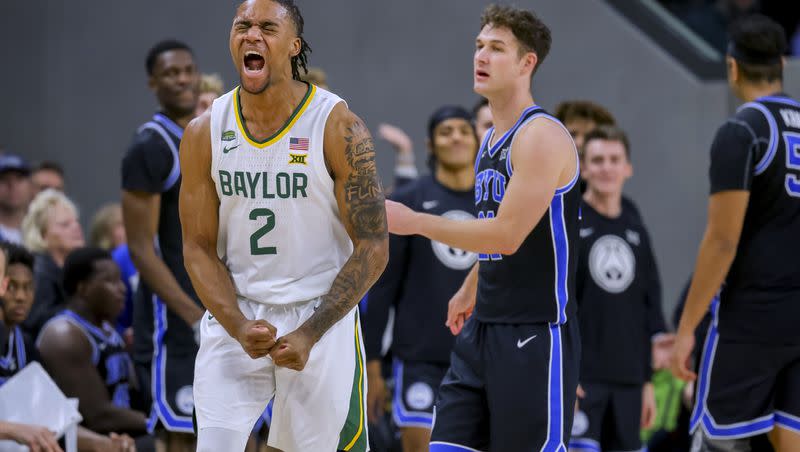 Baylor guard Jayden Nunn (2) reacts during a game against BYU on Tuesday, Jan. 9, 2024, in Waco, Texas. Baylor won 81-72 as the Cougars fell to 0-2 in in Big 12 play.