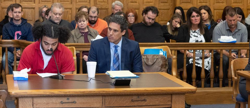 Taben Armstead reads a prepared statement to the family and friends of David Hughson IV before Armstead's sentencing in Stark County Common Pleas Court. Armstead pleaded guilty to shooting Hughson in the head in 2021.