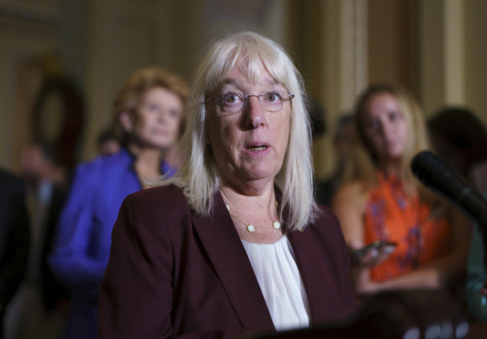 FILE - Assistant Majority Leader Patty Murray, D-Wash., speaks to reporters at the Capitol in Washington, June 15, 2021. (AP Photo/J. Scott Applewhite, File)