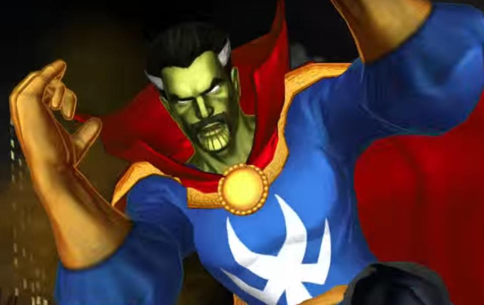 A still from the video game Marvel Avengers: Battle for Earth shows Stephen Strange as a Skrull