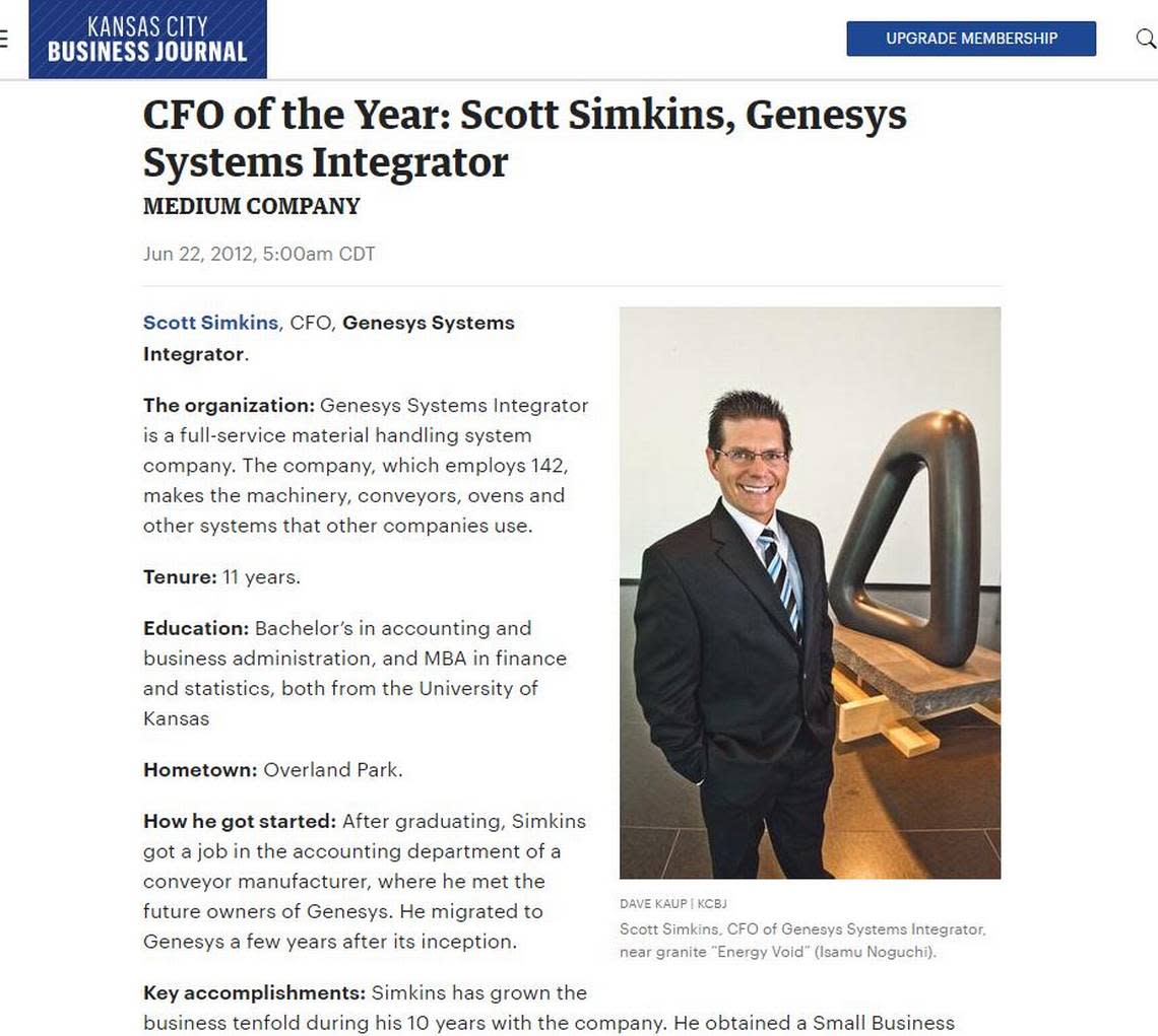 Scott Simkins is pictured in a 2012 Kansas City Business Journal article when the publication named him “Chief Financial Officer of the Year.” Credited with growing the Genesys Systems Integrator company by leaps and bounds, he was sentenced Thursday on charges of fraud and tax evasion.