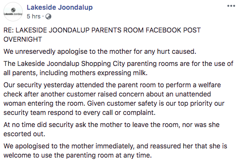 Lakeside Joondalup offered an apology but denied Mrs Cramp had been escorted out of the room. Source: Facebook/Lakeside Joondalup Shopping Centre