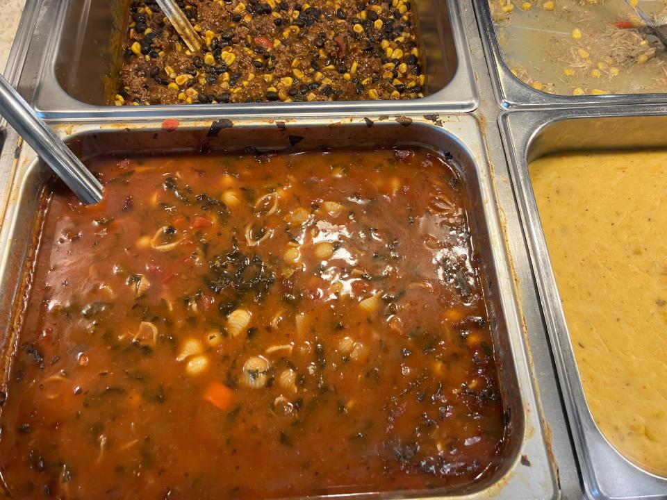 The tomato Florentine soup (lower left) is one of over a dozen rotating soups at Simmers, a new soup, sandwich and salad restaurant in the North Hanover Mall.