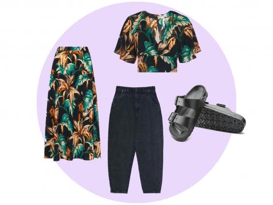 Tropical print skirt (Whistles, £59), tropical print top (Whistles, £65), black slouchy jeans (Zara, £25.99), Arizona Eva sandals (Birkenstock, £35)