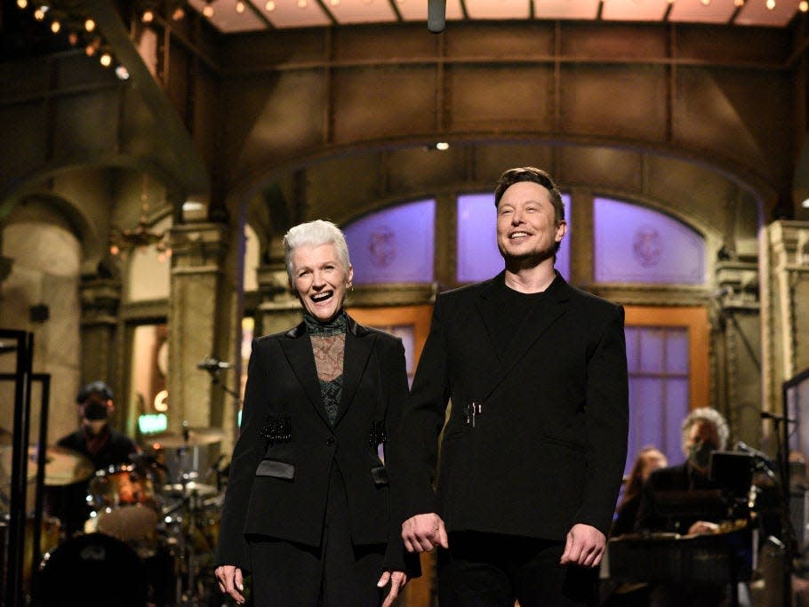 Elon Musk with his mother Maye during his Saturday Night Live monologue on Saturday, May 8, 2021