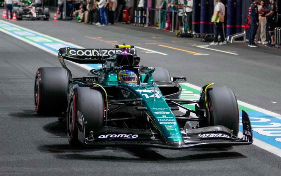 Aston Martin's Spanish driver Fernando Alonso leaves after a pit stop during the qualifying session of the Saudi Arabia Formula One Grand Prix at the Jeddah Corniche Circuit in Jeddah on March 18, 2023 - Getty Images/Luca Bruno