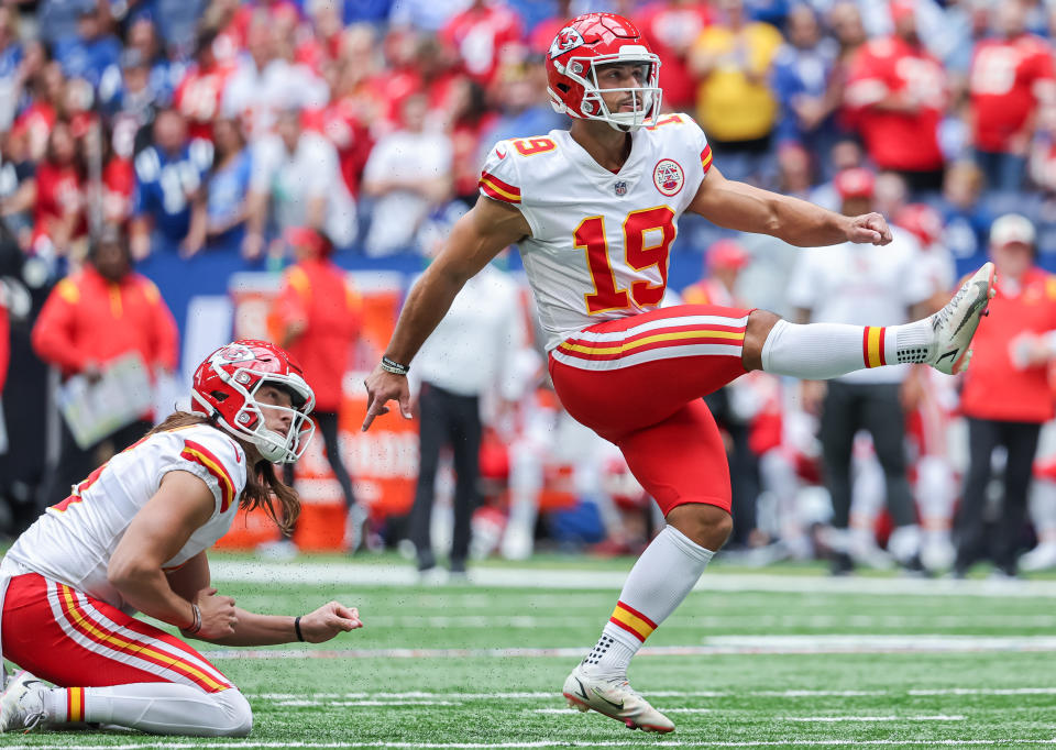 INDIANAPOLIS, IN - SEPTEMBER 25: Matt Ammendola #19 of the Kansas City Chiefs kicks the ball during the game against the Indianapolis Colts at Lucas Oil Stadium on September 25, 2022 in Indianapolis, Indiana. (Photo by Michael Hickey/Getty Images)