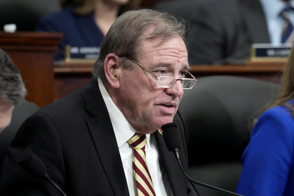 FILE - Rep. Neal Dunn, R-Fla., speaks during a hearing on Capitol Hill, Feb. 28, 2023, in Washington. Legislation introduced in the House of Representatives on Thursday, March 21, 2024, and sponsored by Dunn and Rep. Anna Eshoo, D-Calif., will require online platforms to label audio and video generated using artificial intelligence. The bill is the latest legislative proposal to address the privacy, national security and consumer risks raised by the rapidly developing technology. (AP Photo/Alex Brandon, File)