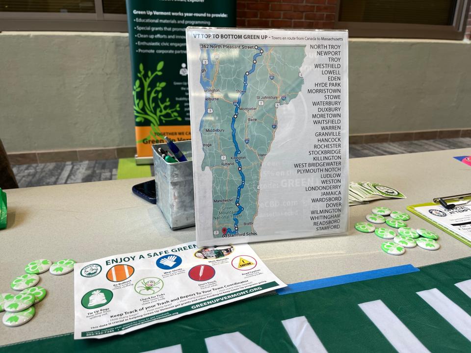 A sign on the Green Up Vermont table at the University of Burlington Eco fair April 24, 2024 shows the stretch of road the organization is attempting to station a volunteer at every mile.